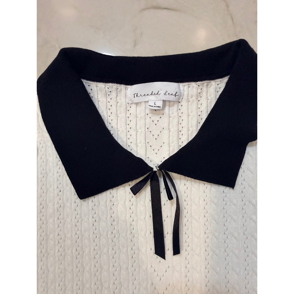 Pointelle White Cable Knit Puff Sleeve Sweater Black Collar Bow Sz Small Sm 170 - Picture 3 of 10